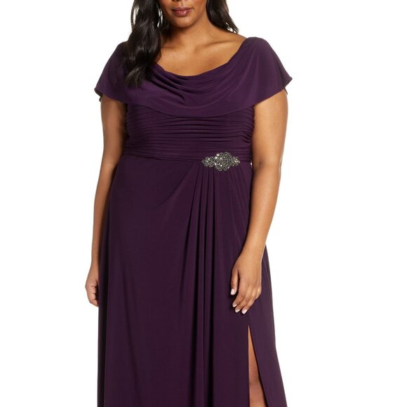 Alex Evenings Cowl-Neck A-Line Gown Eggplant Plus Size 16W - Picture 1 of 9
